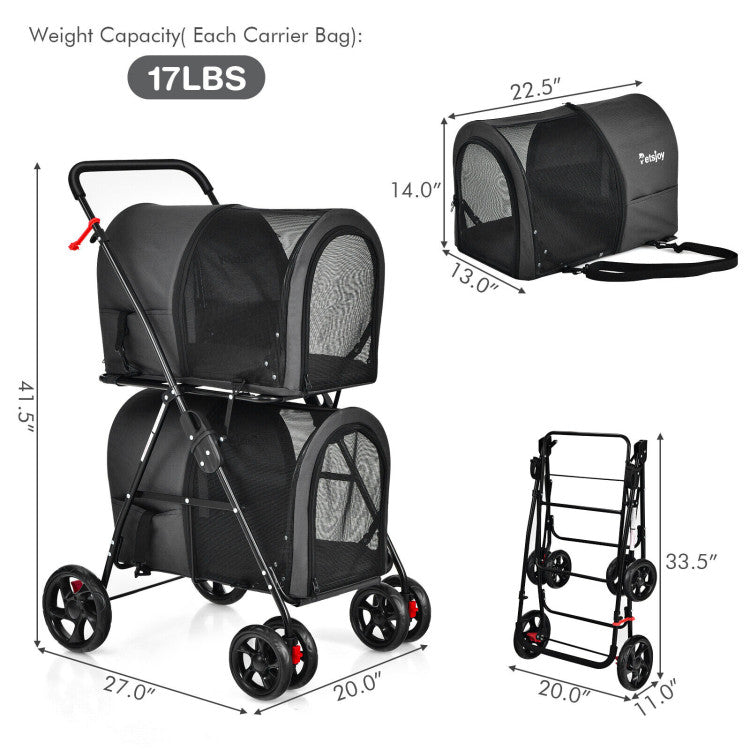 4-in-1 Double Pet Stroller | Detachable Carrier & Travel Carriage for Cats & Dogs