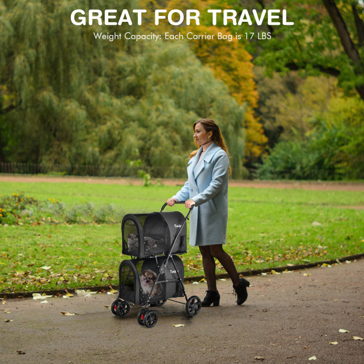 4-in-1 Double Pet Stroller | Detachable Carrier & Travel Carriage for Cats & Dogs