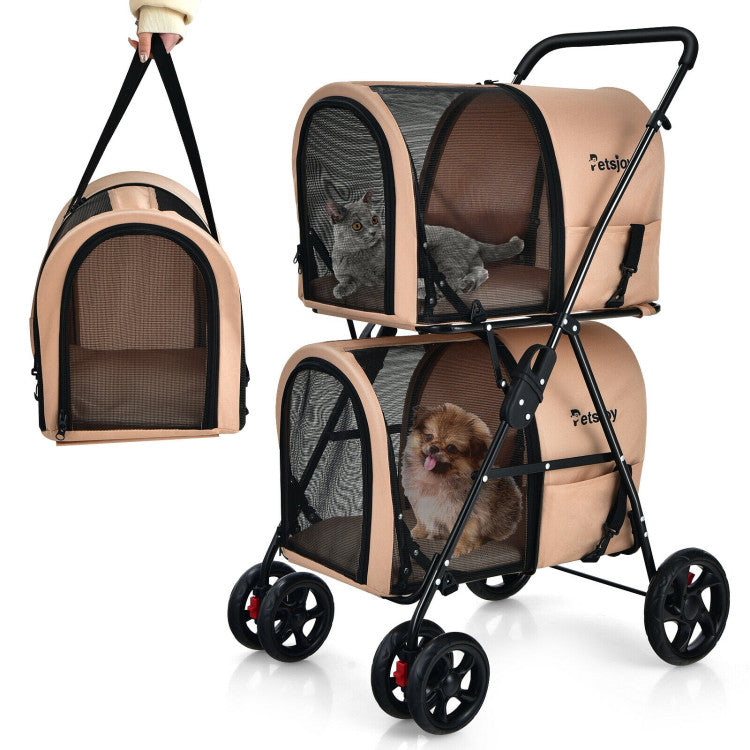 4-in-1 Double Pet Stroller | Detachable Carrier & Travel Carriage for Cats & Dogs