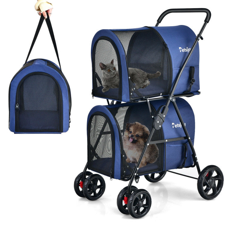 4-in-1 Double Pet Stroller | Detachable Carrier & Travel Carriage for Cats & Dogs