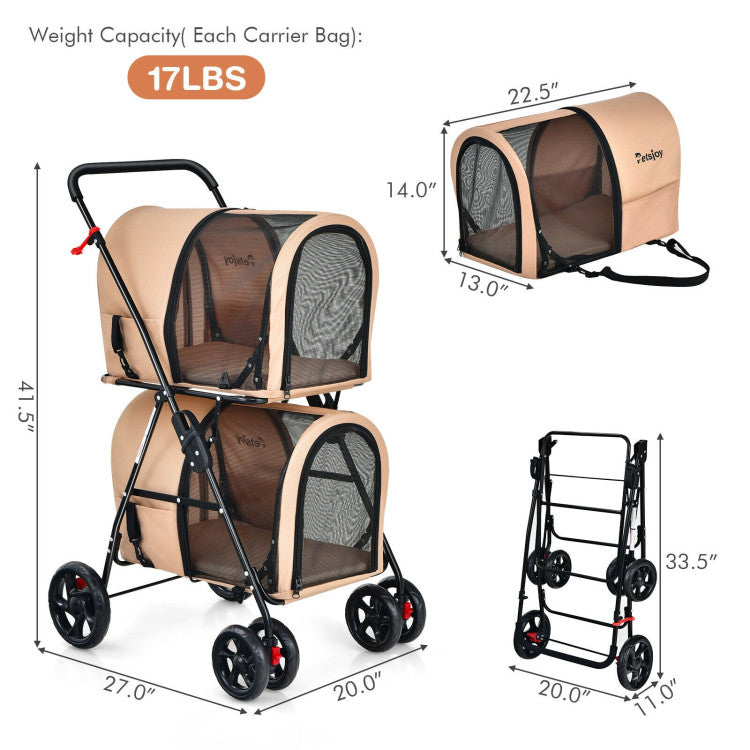 4-in-1 Double Pet Stroller | Detachable Carrier & Travel Carriage for Cats & Dogs