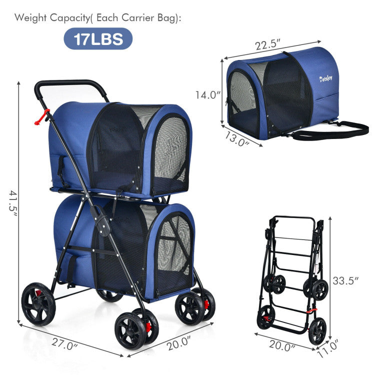 4-in-1 Double Pet Stroller | Detachable Carrier & Travel Carriage for Cats & Dogs