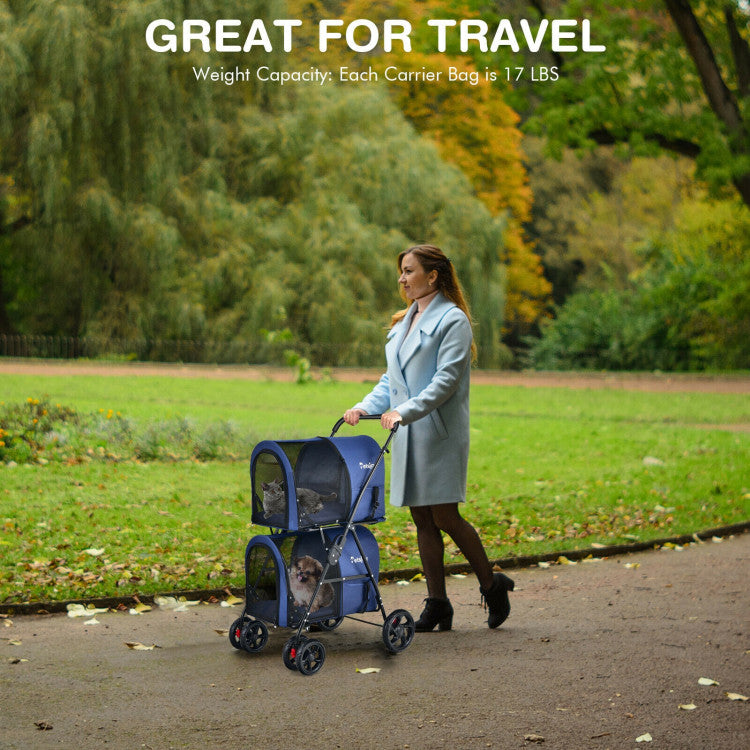 4-in-1 Double Pet Stroller | Detachable Carrier & Travel Carriage for Cats & Dogs